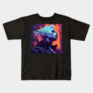 Cyberpunk Girl On Colorful Neon Background Kids T-Shirt